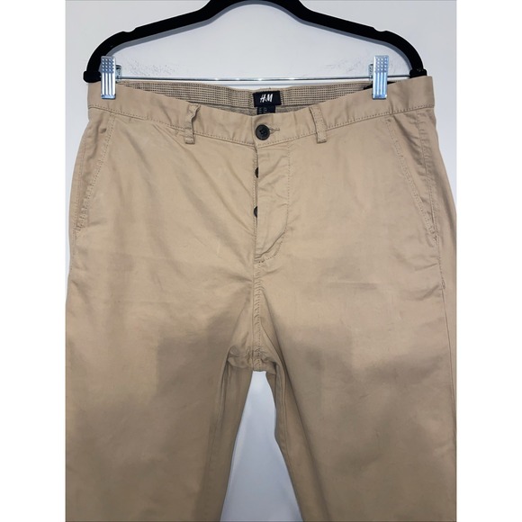 H&M Men's Khaki Chino Pants Size 34R Tan Flat Front Casual Business Button Fly - Picture 4 of 8